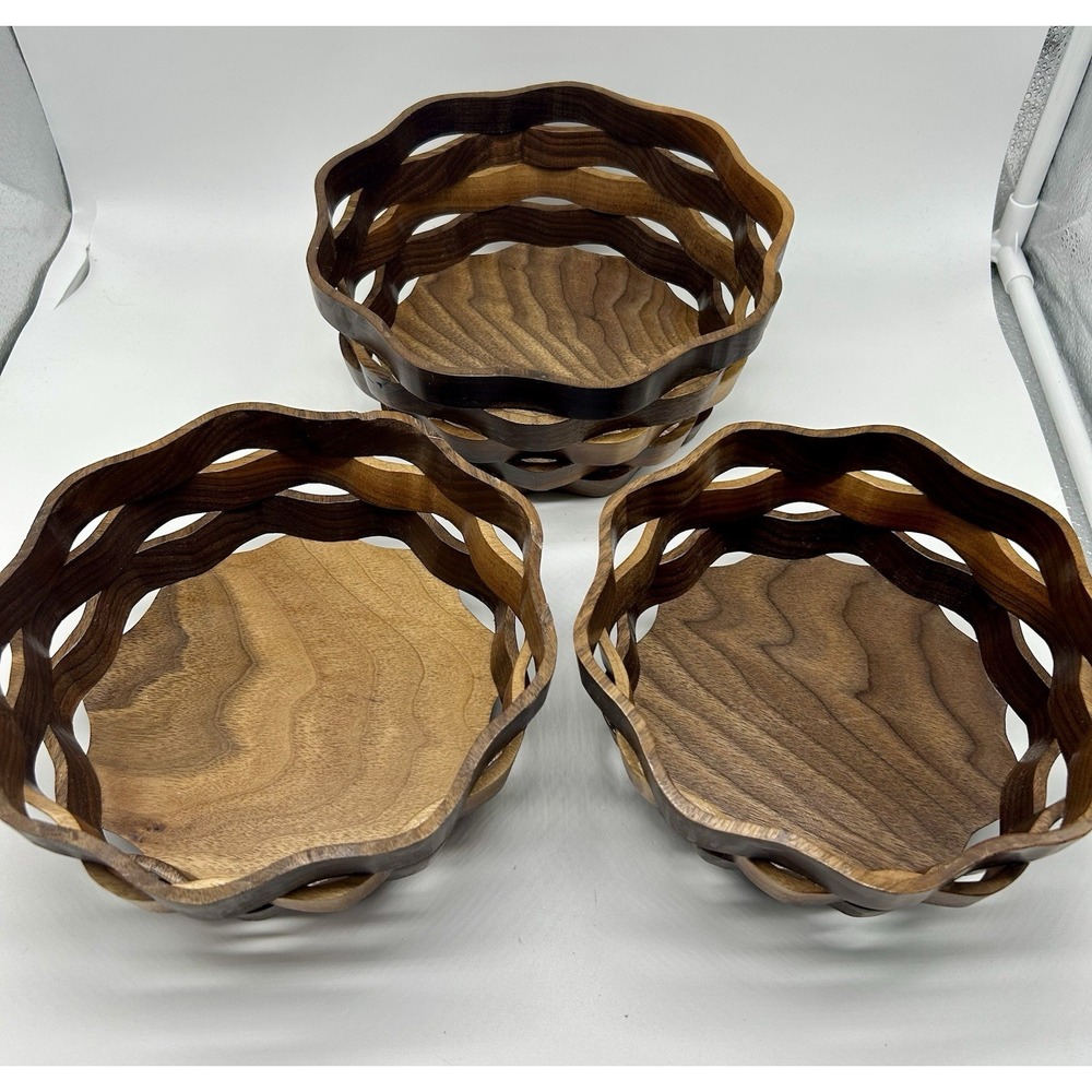Vtg 3 Wood Wooden Boho Ribbon Basket Weave Nesting Bowls Hand Crafted Oscar Klak
